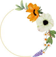 acquerello giallo girasole e anemone bianco bouquet di fiori ghirlanda cornice dorata