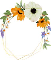 watercolor yellow sunflower and white anemone flower bouquet wreath with gold frame png