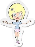 retro distressed sticker of a cartoon woman making balancing gesture vector