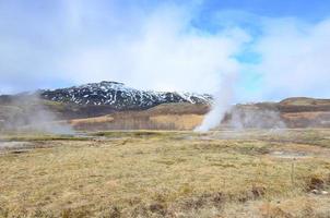 Pretty landscape of steaming geysers in Iceland photo