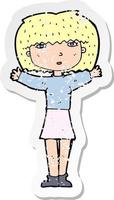 retro distressed sticker of a cartoon woman raising arms in air vector