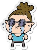 sticker of a cartoon crying woman wearing sunglasses vector