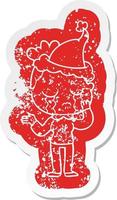 cartoon distressed sticker of a crying woman wearing santa hat vector