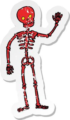 retro distressed sticker of a cartoon waving skeleton