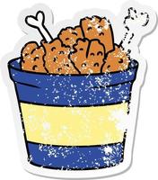 distressed sticker cartoon doodle bucket of fried chicken vector