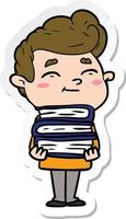 sticker of a happy cartoon man with stack of new books vector