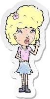 retro distressed sticker of a cartoon woman waving vector