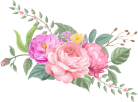 rosa blomma och botaniska blad digital målade png