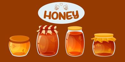 Jars, jugs, pots with honey. Honey of different types. Dark and light honey in jars. Jar with lid with ruffles. Logo for honey packaging
