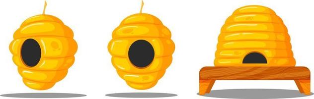 Beehive for bees, colorful beehives in different angles, regular beehive and semicircular beehive on stand vector