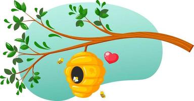 colmena redonda de dibujos animados en la rama. hermosa colmena con abejas y corazón. para los amantes de las abejas, miel con amor vector
