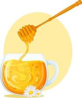 Tea with honey and chamomiles. Cup of tea with chamomile and spoon with honey. Picturesque cup of chamomile tea with honey. Honey flows into cup of tea vector
