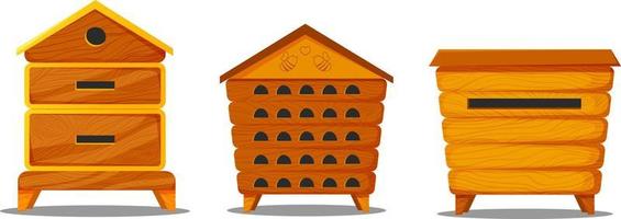 Wooden beehive for bees in cartoon style. Colorful beehives for bees and pictures with apiary vector