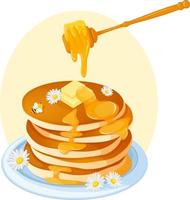 Pancakes with butter and honey, chamomile and bee. Plate with delicious pancakes and a spoon with honey. Honey drips from pancakes vector