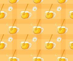 Seamless pattern with tea, chamomile and honey spoon. Pattern for packaging honey products vector