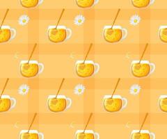 Seamless pattern with tea, chamomile and honey spoon. Pattern for packaging honey products vector