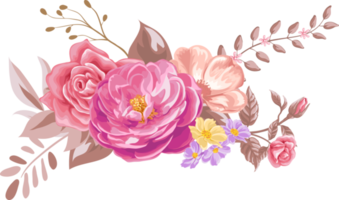 flor rosa e folha botânica pintada digitalmente png