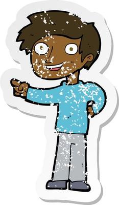retro distressed sticker of a cartoon man pointing