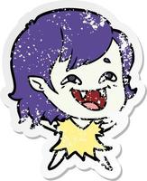 distressed sticker of a cartoon laughing vampire girl vector