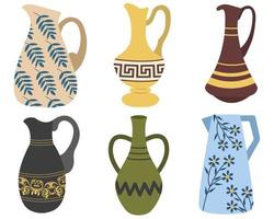 Set of clay jugs of different shapes and colors. Cartoon vector Illustration.