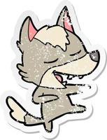 distressed sticker of a cartoon wolf laughing vector