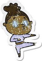 distressed sticker of a cartoon woman wearing glasses vector