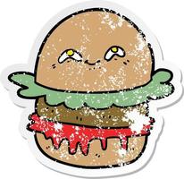 pegatina angustiada de una hamburguesa de comida rápida de dibujos animados vector
