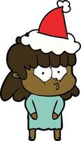 line drawing of a whistling girl wearing santa hat vector