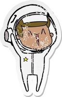 distressed sticker of a happy cartoon astronaut vector