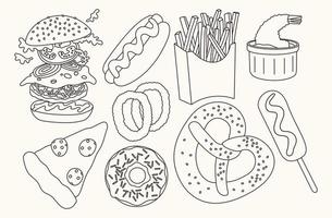 Various fast food. Outline hand drawn set. vector