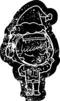 cartoon distressed icon of a pretty astronaut girl wearing santa hat vector