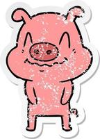 distressed sticker of a nervous cartoon pig vector