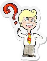 retro distressed sticker of a cartoon school boy asking question vector