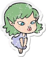 distressed sticker of a pretty cartoon elf girl vector