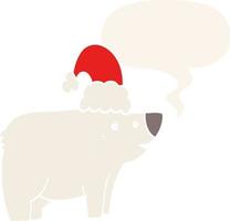 cartoon bear wearing christmas hat and speech bubble in retro style vector