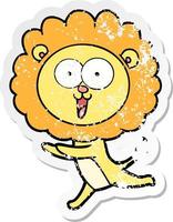 distressed sticker of a happy cartoon lion vector