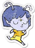 distressed sticker of a cartoon alien girl vector