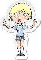 retro distressed sticker of a cartoon girl asking question vector