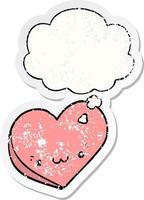 cartoon love heart with face and thought bubble as a distressed worn sticker vector