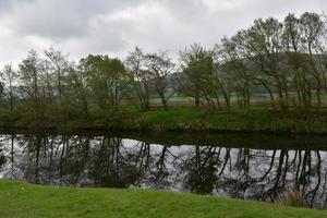árboles reflejados en un río en el condado foto