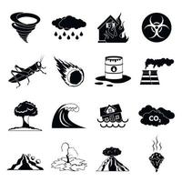 Natural disaster icons set, black simple style vector