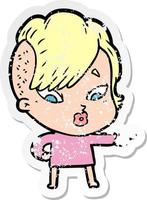 distressed sticker of a cartoon surprised girl pointing vector