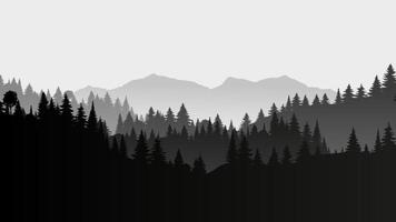 paisaje de silueta con niebla, bosque, pinos, montañas. ilustración de la vista del parque nacional, niebla. en blanco y negro. bueno para papel tapiz, fondo, pancarta, portada, afiche. vector