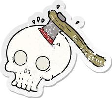distressed sticker of a cartoon axe in skull vector
