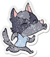 distressed sticker of a howling cartoon wolf wearing clothes vector