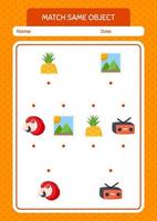 combinar con el mismo icono de verano del juego de objetos. hoja de trabajo para niños en edad preescolar, hoja de actividades para niños vector