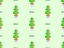 Tree cartoon character seamless pattern on green background. Pixel style vector