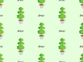 Tree cartoon character seamless pattern on green background. Pixel style vector