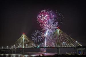 July 4th USA independence celebration fireworks  on top of Clark Bridge in the border of Missouri and Illinois, USA photo