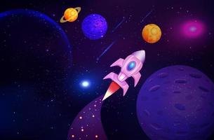 Galaxy background with colorful planets and rocket template vector